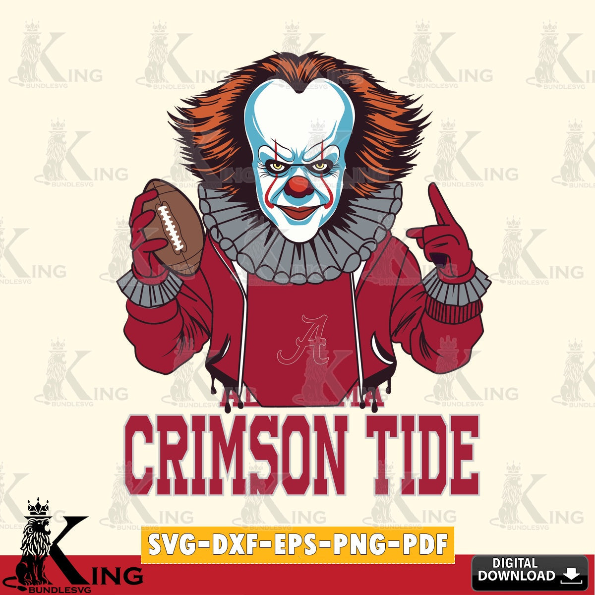 Modern graphic depicting Alabama Crimson Tide Pennywise player football for personalized gifts and laser projects
