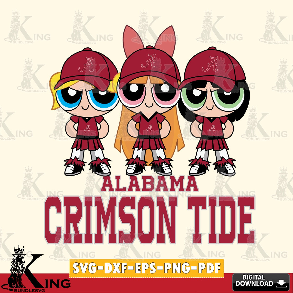 Modern graphic depicting Alabama Crimson Tide PowerPuff Girls Football, crafting file for iron-on transfer and vinyl decals