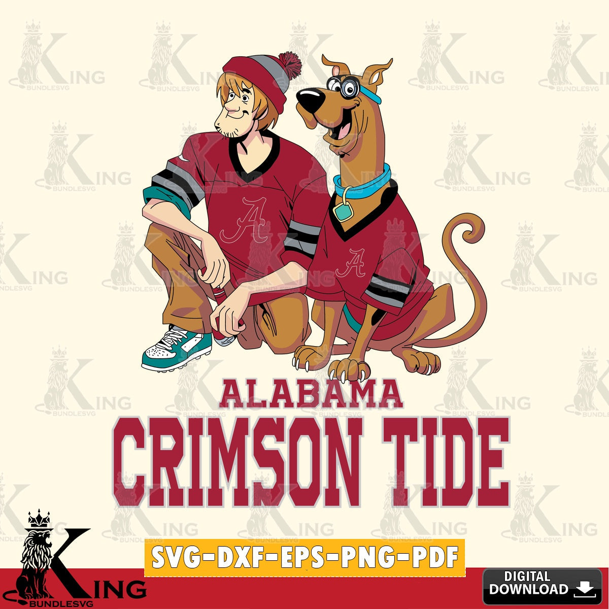 Hand-drawn style art of Alabama Crimson Tide Shaggy and Scooby Doo football, NCAA, SVG PNG files perfect for Cricut and