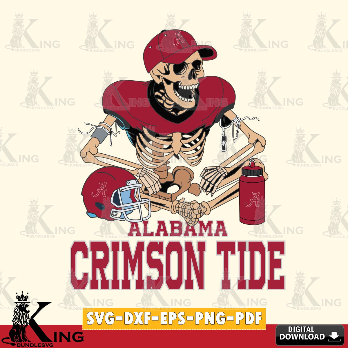 Eye-catching graphic of an Alabama Crimson Tide skeleton football player SVG cut file for personalized gifts and laser projects