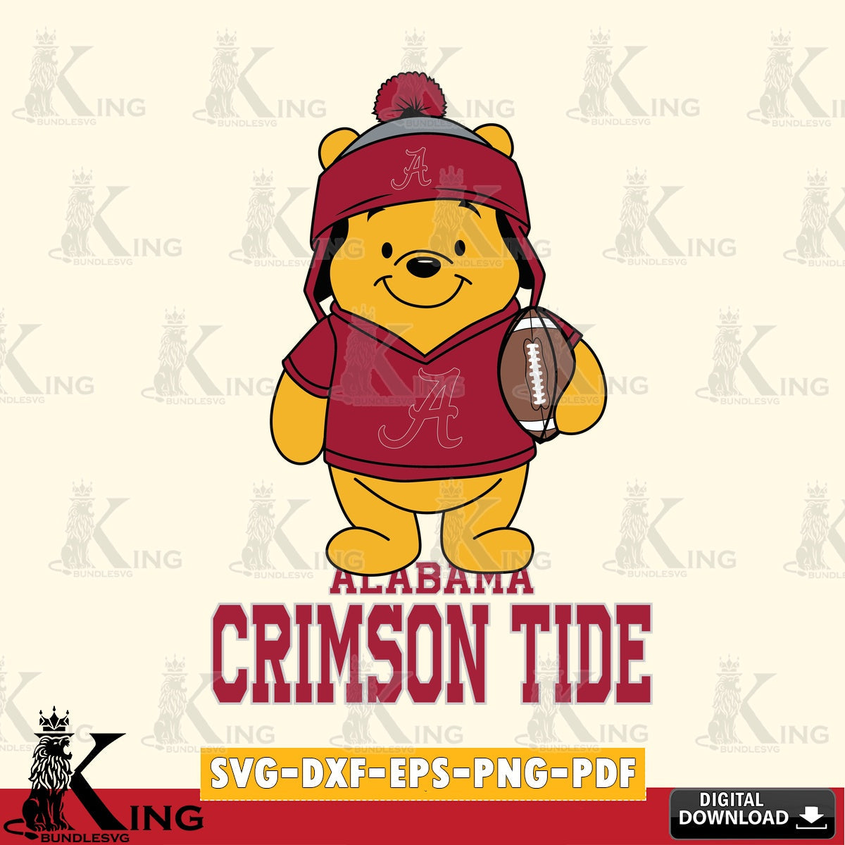 Digital clipart of Alabama Crimson Tide Winnie the Pooh football player, NCAA, SVG PNG design suitable for Glowforge and laser