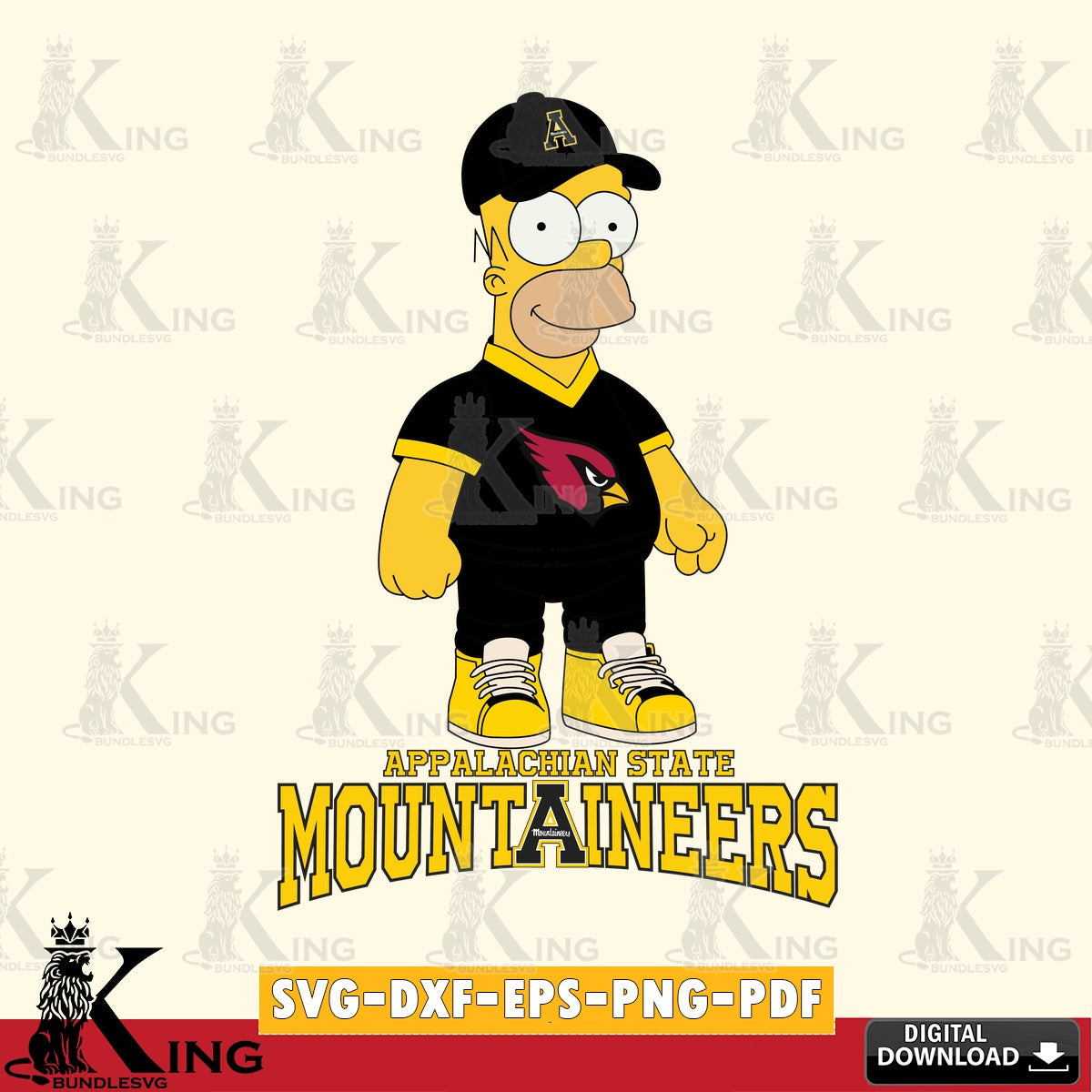 Modern graphic depicting Appalachian State Mountaineers Homer Simpson football, versatile clip art for stickers, decals, and mugs.