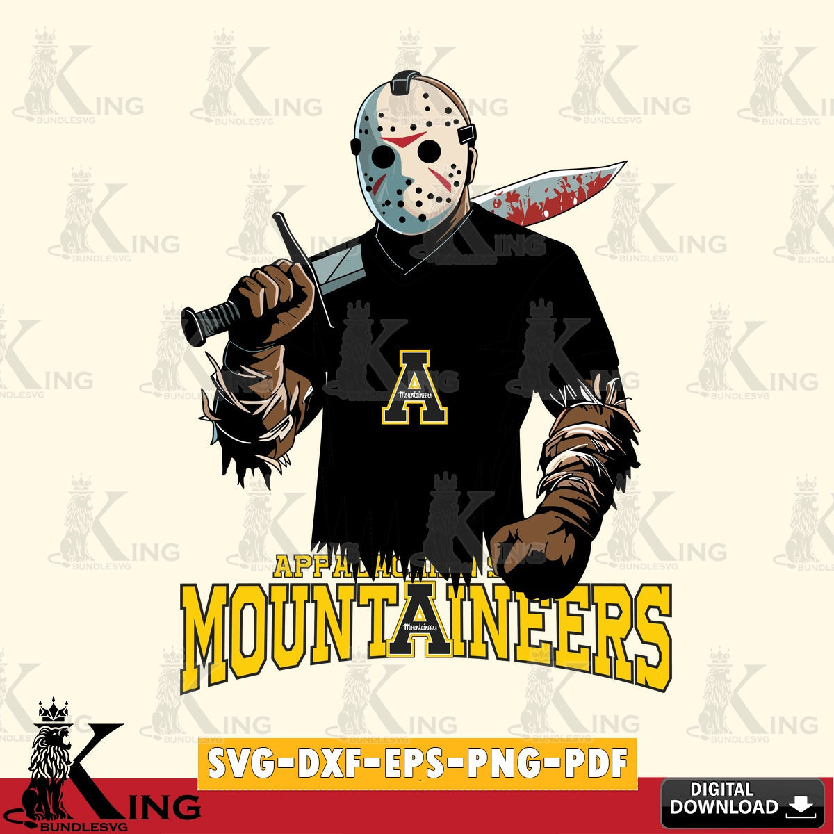 Modern graphic depicting Appalachian State Mountaineers Jason Voorhees Football, NCAA SVG PNG files perfect for Cricut and