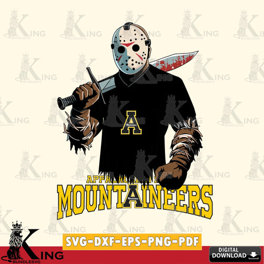 Modern graphic depicting Appalachian State Mountaineers Jason Voorhees Football, NCAA SVG PNG files perfect for Cricut and