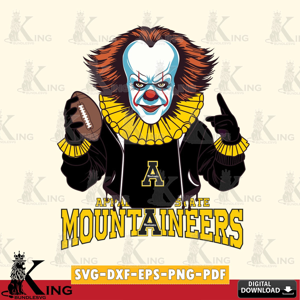 Artistic drawing of an Appalachian State Mountaineers Pennywise football player, SVG cut file for personalized gifts and laser