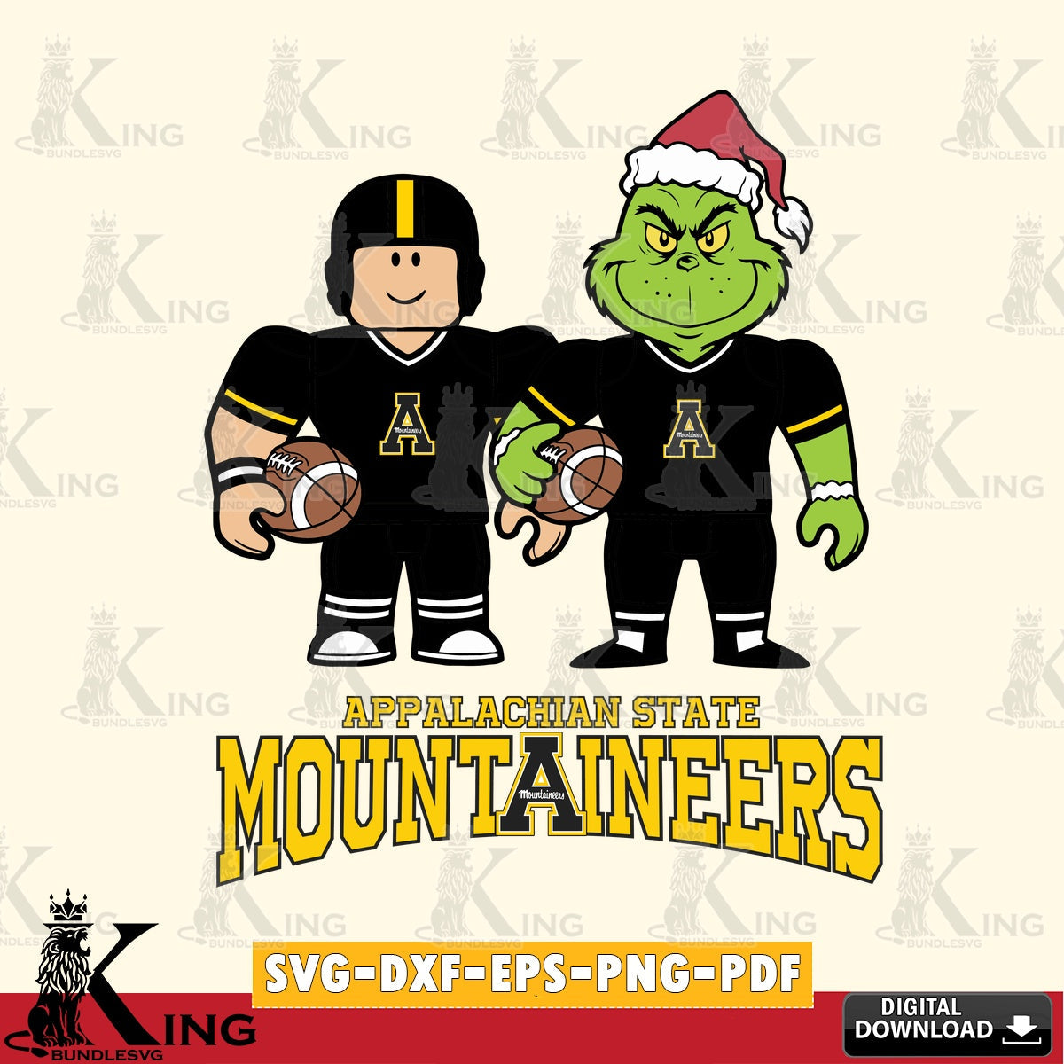 Beautiful illustration of Appalachian State Mountaineers Roblox & Grinch Football, NCAA Cricut, high-quality vector for DIY