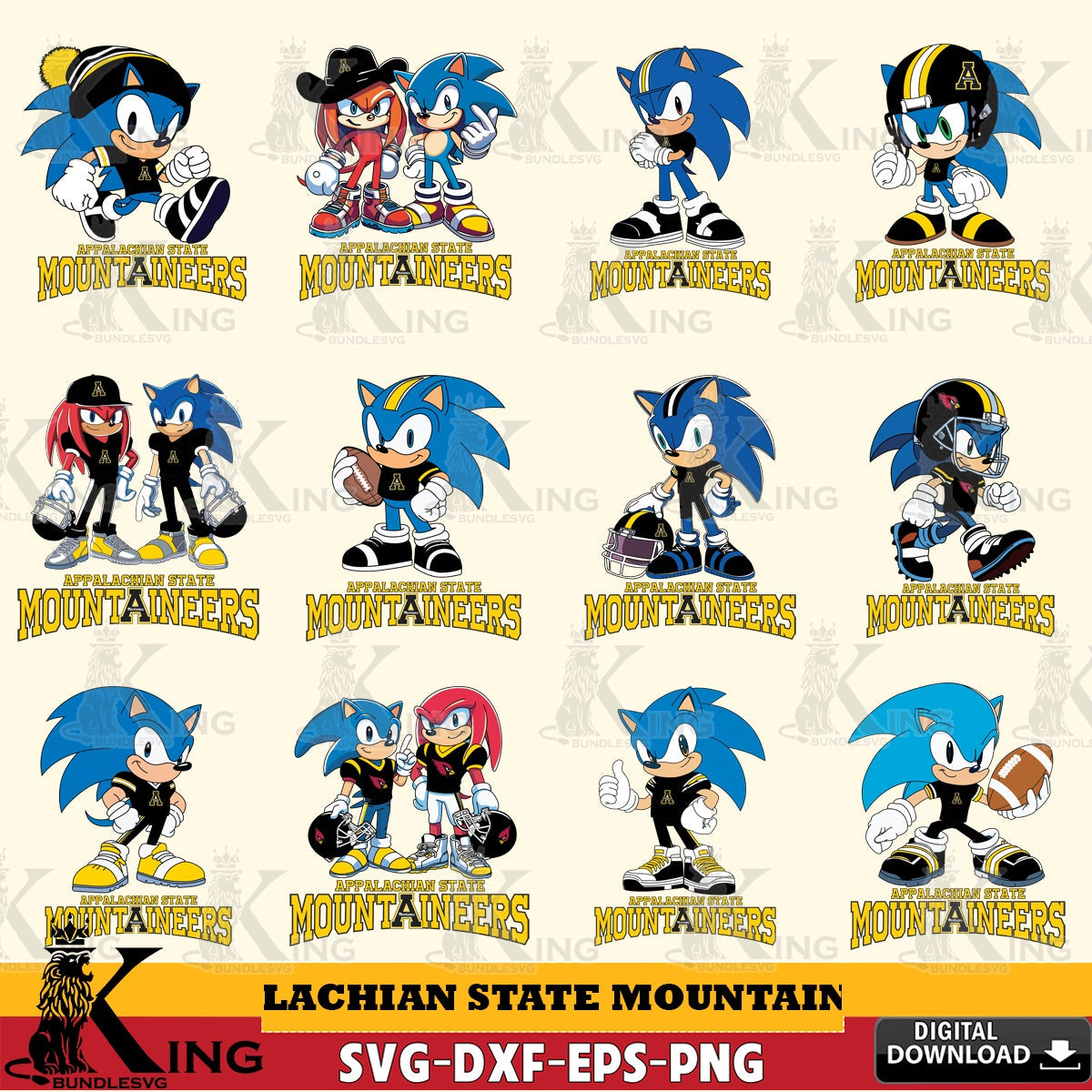 Mega bundle containing Appalachian State Mountaineers Sonic & Knuckles NCAA Football digital clipart compatible with laser