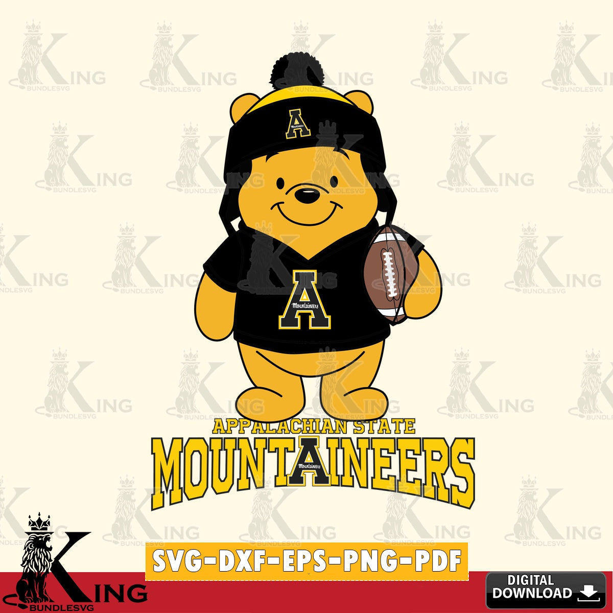 Hand-drawn style art of Appalachian State Mountaineers Winnie the Pooh player football NCAA vector art for engraving, cutting,