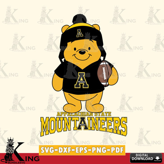 Hand-drawn style art of Appalachian State Mountaineers Winnie the Pooh player football NCAA vector art for engraving, cutting,
