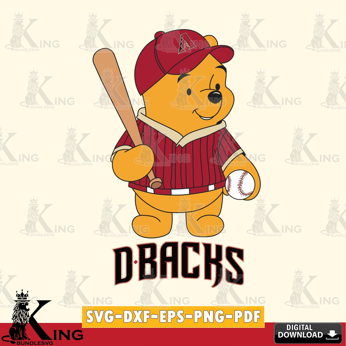 Artistic drawing of an Arizona Diamondbacks baseball batter Winnie the Pooh PNG clipart for sublimation printing and graphic