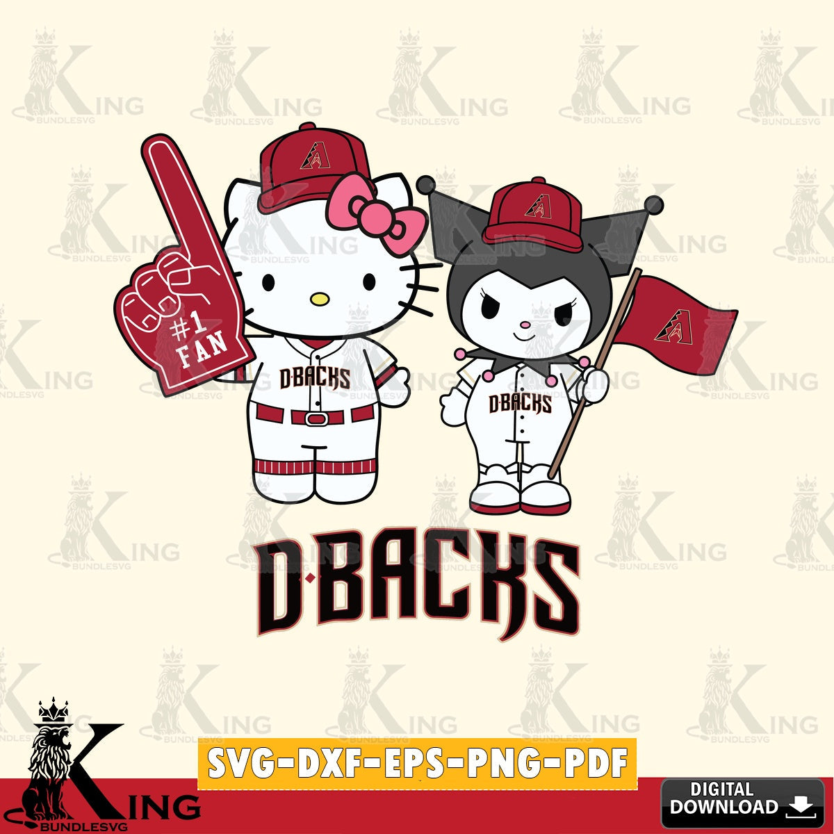Ultimate set containing Arizona Diamondbacks Hello Kitty Kuromi fan baseball crafting file for iron-on transfer and vinyl decals.