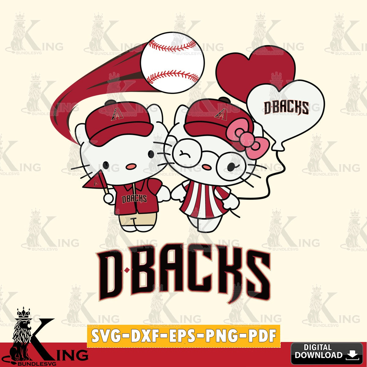 Giant set featuring Arizona Diamondbacks Hello Kitty baseball couple SVG PNG files perfect for Cricut and Silhouette cutting
