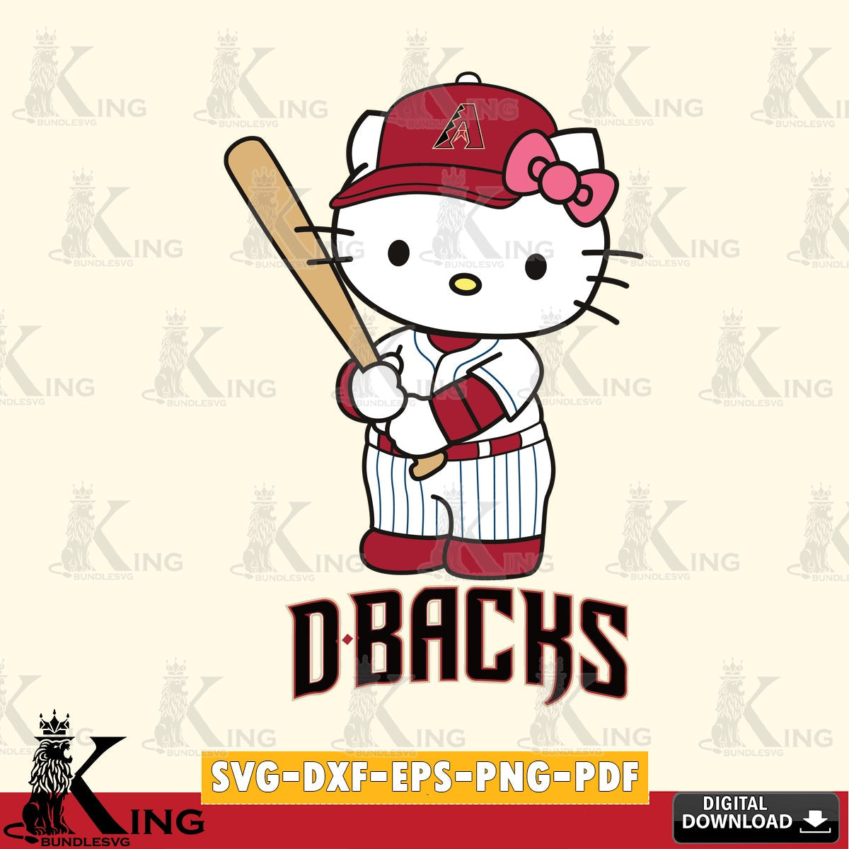 Giant set featuring Arizona Diamondbacks Hello Kitty baseball batter vector art for engraving, cutting, and printing