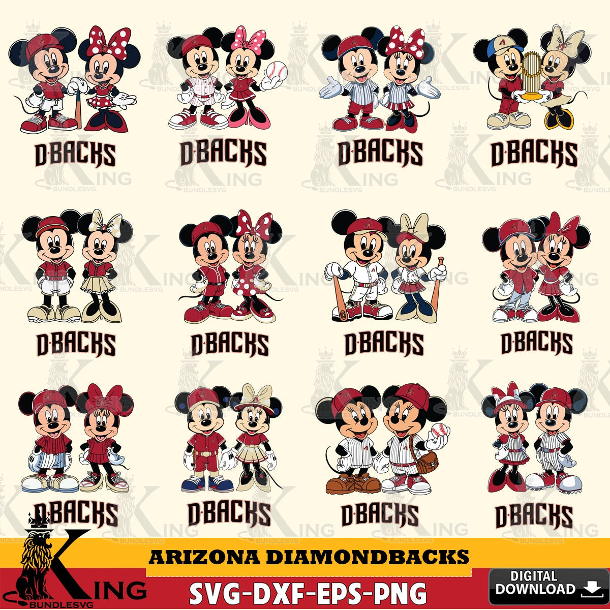 Arizona Diamondbacks Mickey Minnie Baseball Player MLB Bundle SVG file , For Cricut,  File cut , Digital Download , PDF File, Cut Files