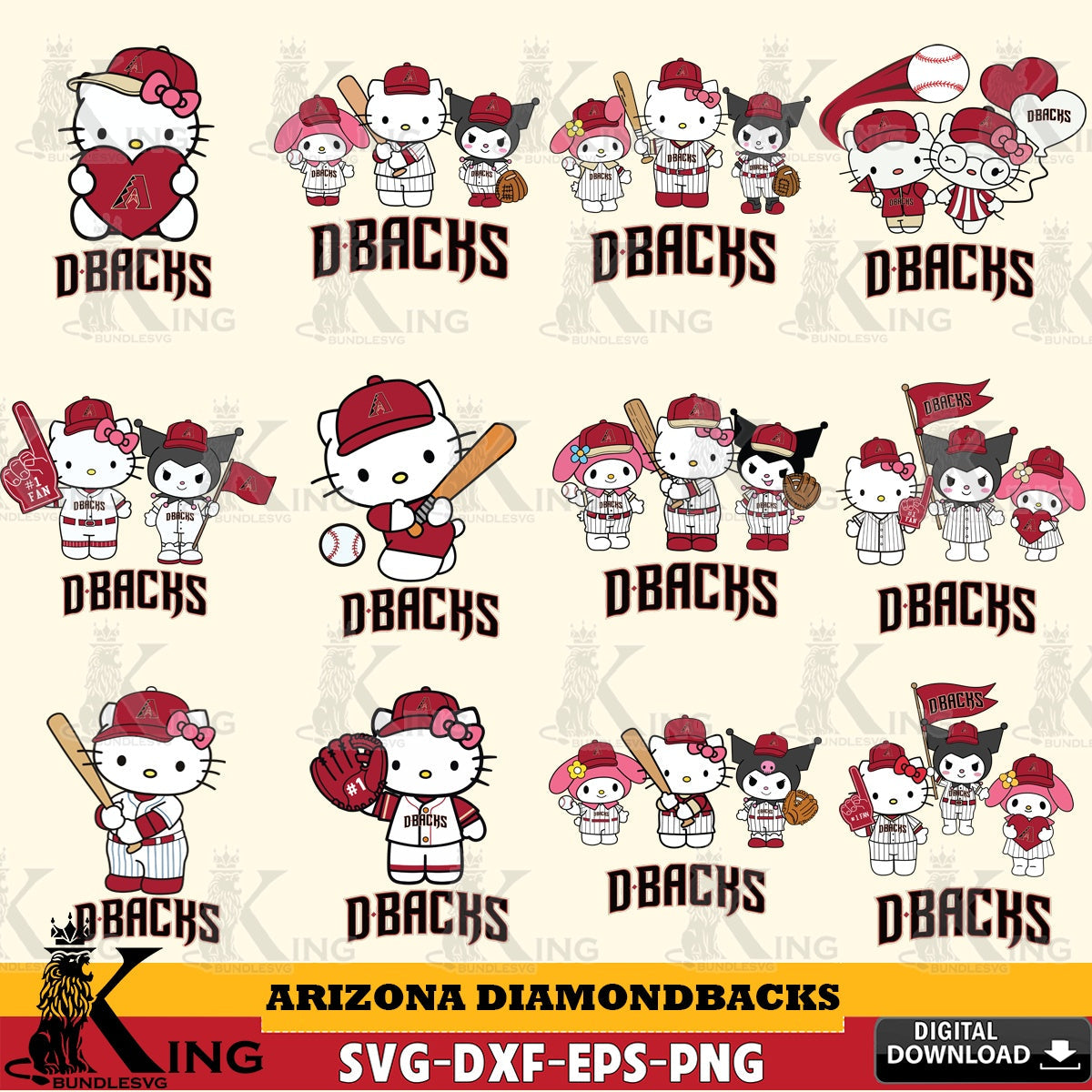 Massive pack of Arizona Diamondbacks Sanrio Squad Baseball MLB Bundle, printable vector design for sublimation and crafts