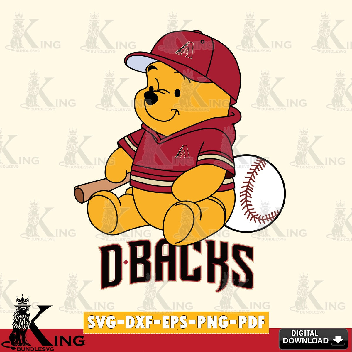 Unique artwork depicting an Arizona Diamondbacks Winnie the Pooh baseball design, SVG PNG design suitable for Glowforge and laser
