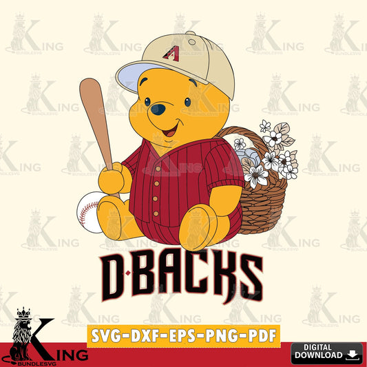Artistic drawing of Arizona Diamondbacks Winnie the Pooh Flower Baseball SVG PNG files perfect for Cricut and Silhouette cutting