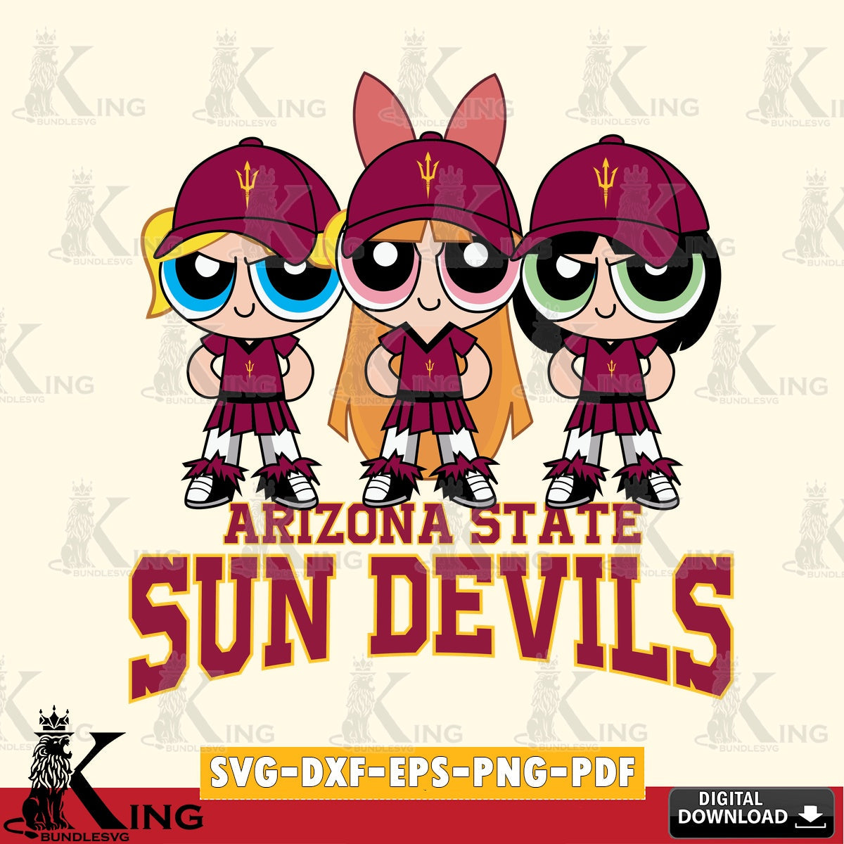 Digital download featuring Arizona State Sun Devils PowerPuff Girls football vector illustration for POD merchandise and apparel