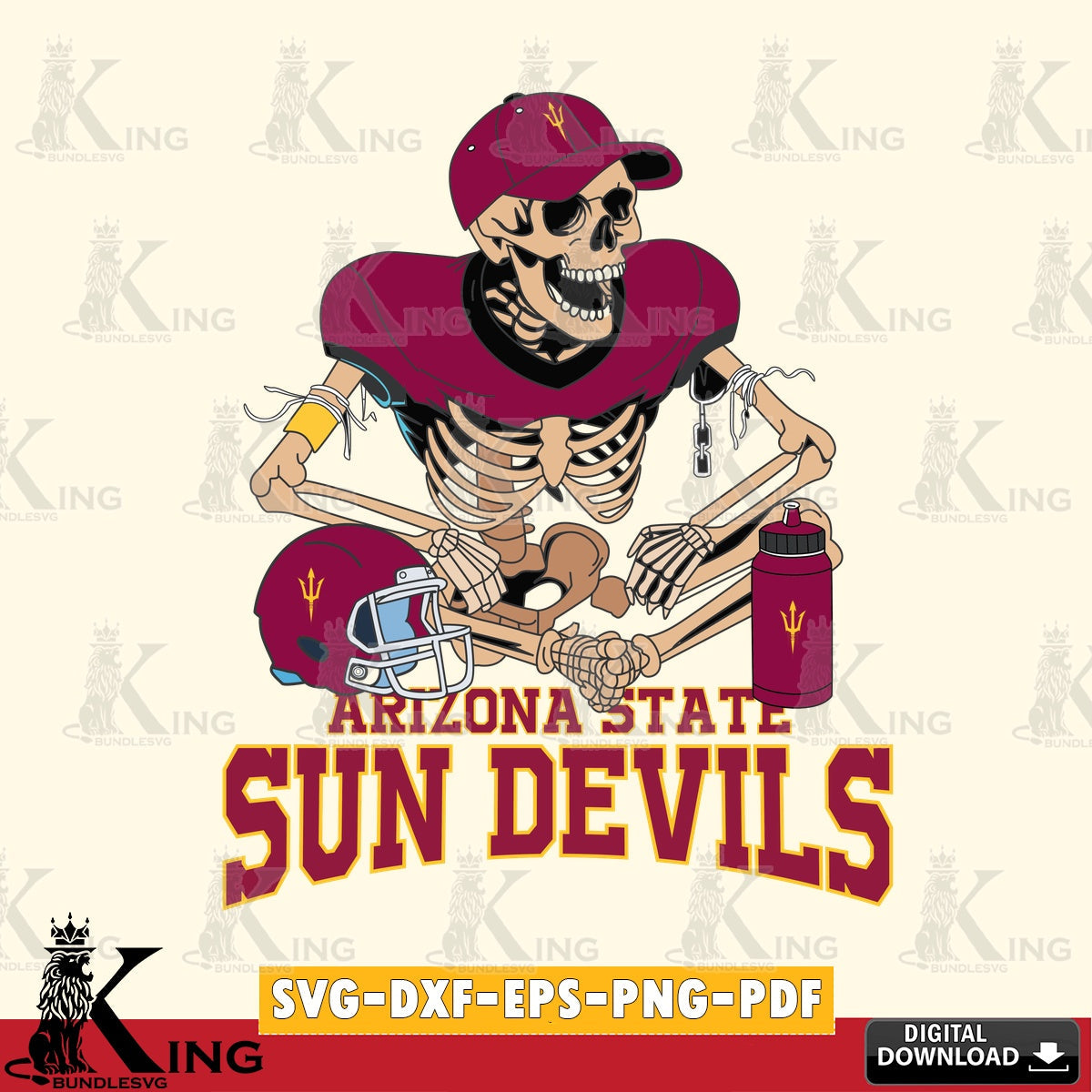 Artistic drawing of an Arizona State Sun Devils skeleton football player, a printable vector design for sublimation and crafts.