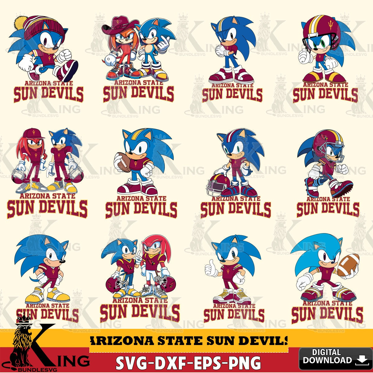 Jumbo collection of Arizona State Sun Devils Sonic & Knuckles NCAA Football Bundle SVG PNG files perfect for Cricut and