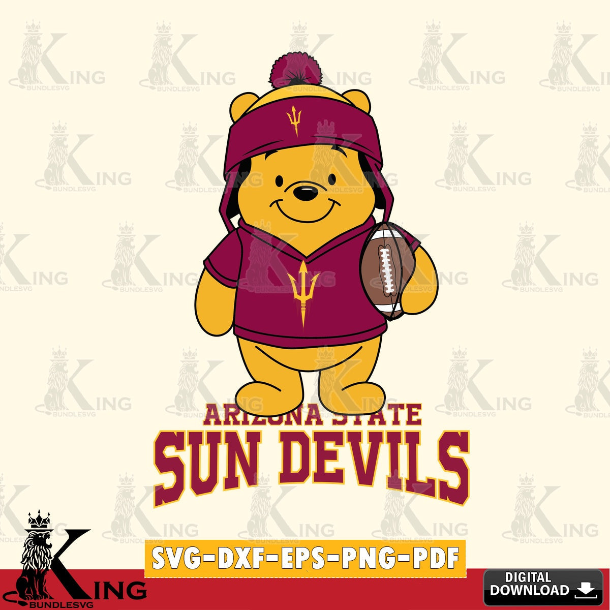Hand-drawn style art of Arizona State Sun Devils Winnie the Pooh football player, NCAA, SVG cut file for personalized gifts and