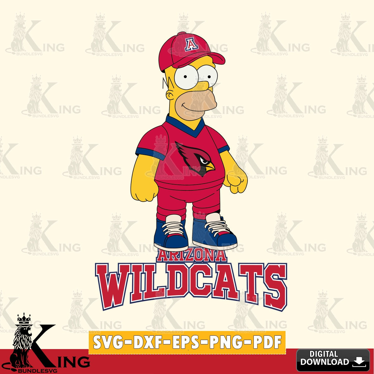 Vector design showing Arizona Wildcats Homer Simpson playing football, high-quality vector for DIY scrapbooking and home decor.