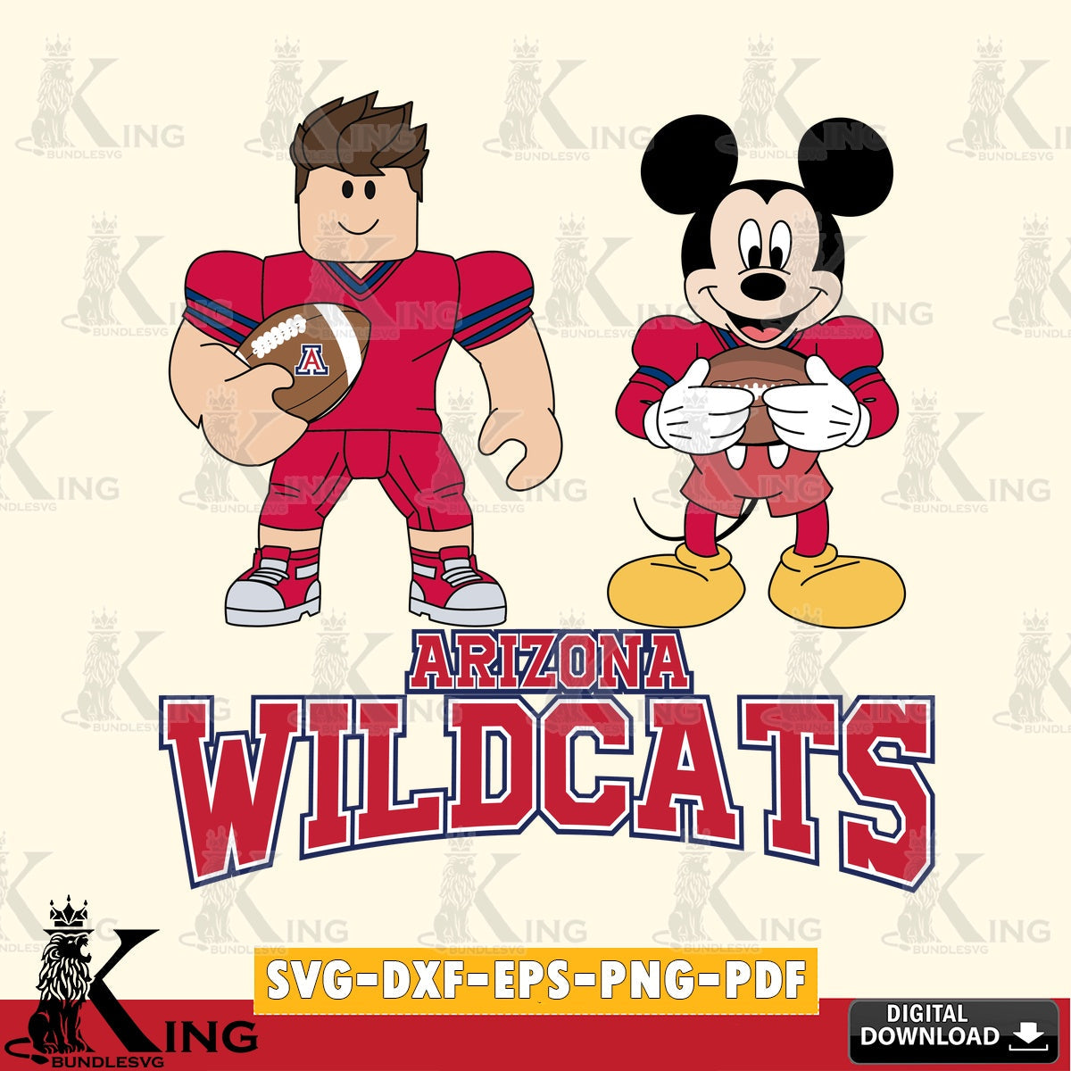 Digital download featuring Arizona Wildcats Roblox & Mickey Football NCAA cut file, digital download for Cricut Maker and paper