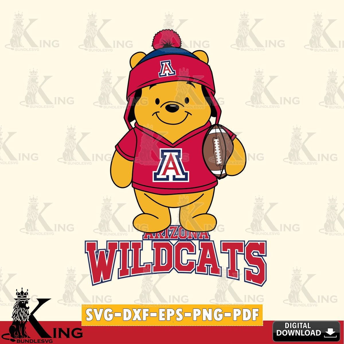 Artistic drawing of Arizona Wildcats Winnie the Pooh player football, NCAA vector art for engraving, cutting, and printing.