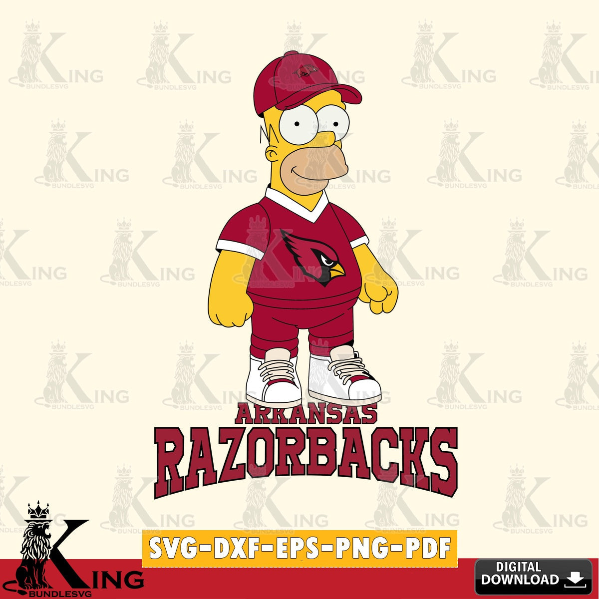 Artistic drawing of Arkansas Razorbacks Homer Simpson playing football, a digital file for silhouette cameo and cricut projects.