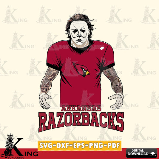 Hand-drawn style art of Arkansas Razorbacks Michael Myers tattoo football, a crafting file for iron-on transfer and vinyl decals.