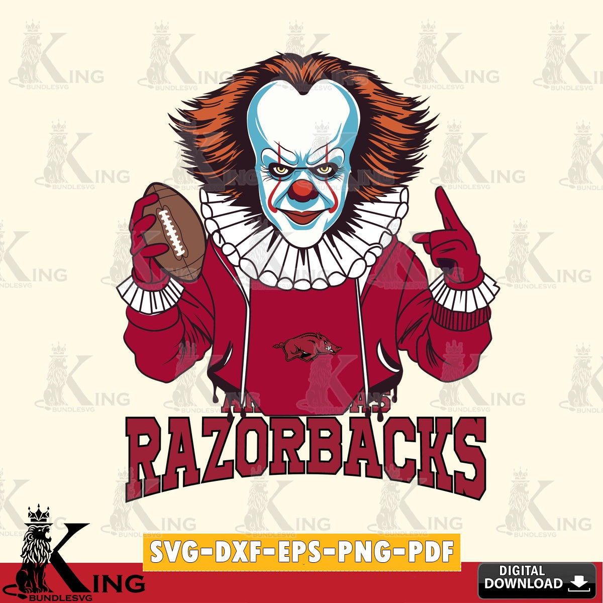 Hand-drawn style art of Arkansas Razorbacks Pennywise player football, PNG clipart for sublimation printing and graphic design