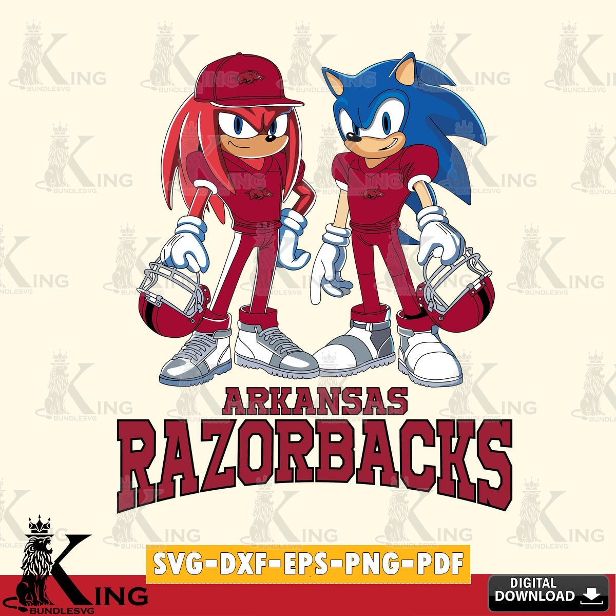 Eye-catching graphic of Arkansas Razorbacks Sonic and Knuckles playing football, vector illustration for POD merchandise and