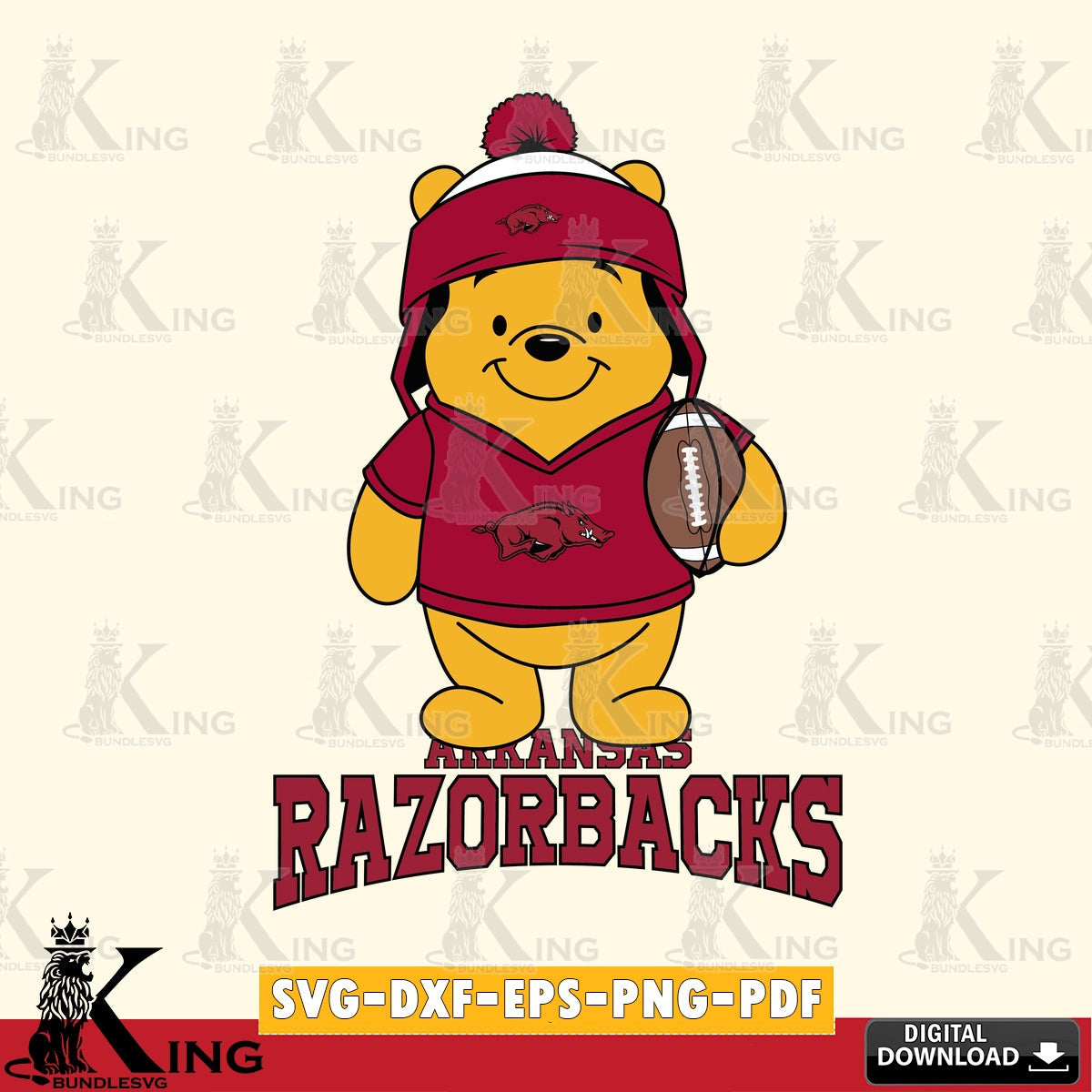 Custom design featuring Arkansas Razorbacks Winnie the Pooh player Football, a printable vector design for sublimation and crafts