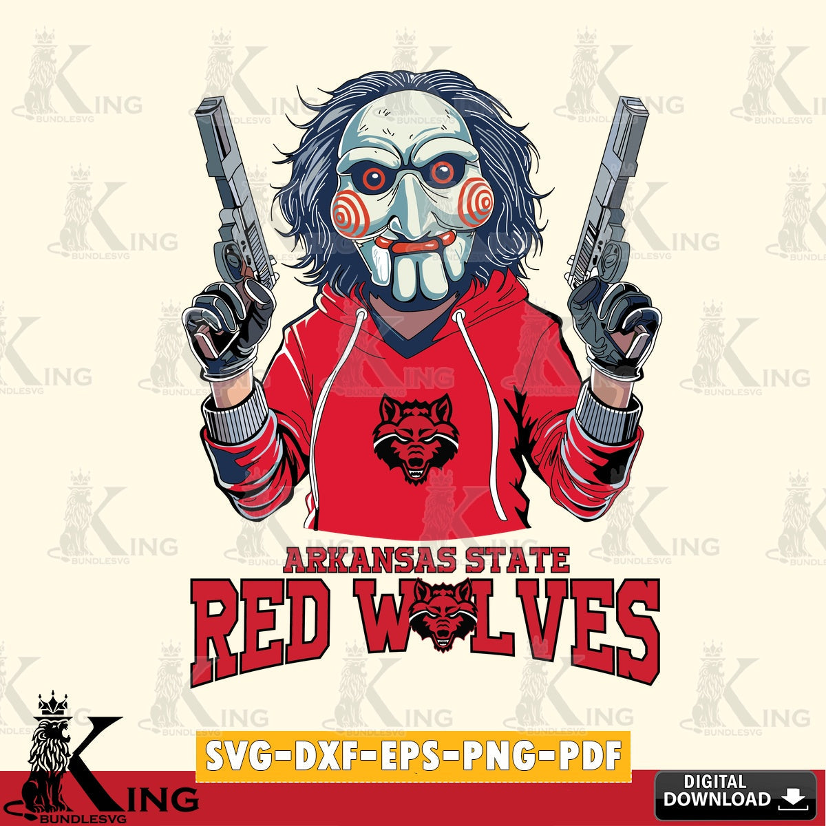 Modern graphic depicting Arkansas State Red Wolves Jigsaw Billy Football, a digital download for Cricut Maker and paper crafts.