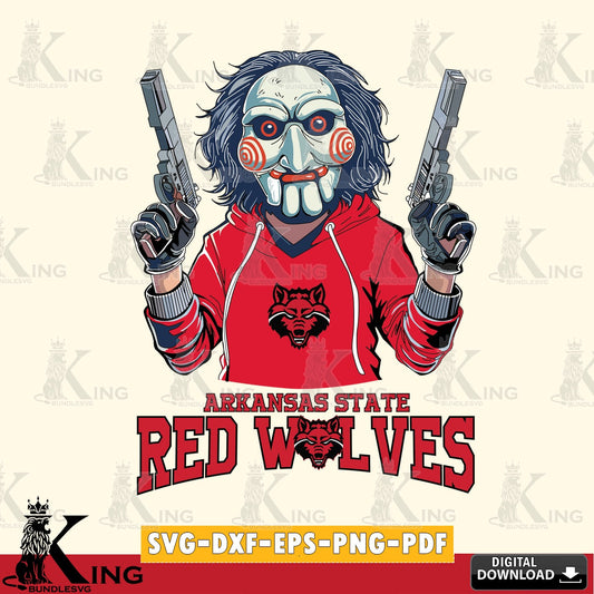 Modern graphic depicting Arkansas State Red Wolves Jigsaw Billy Football, a digital download for Cricut Maker and paper crafts.