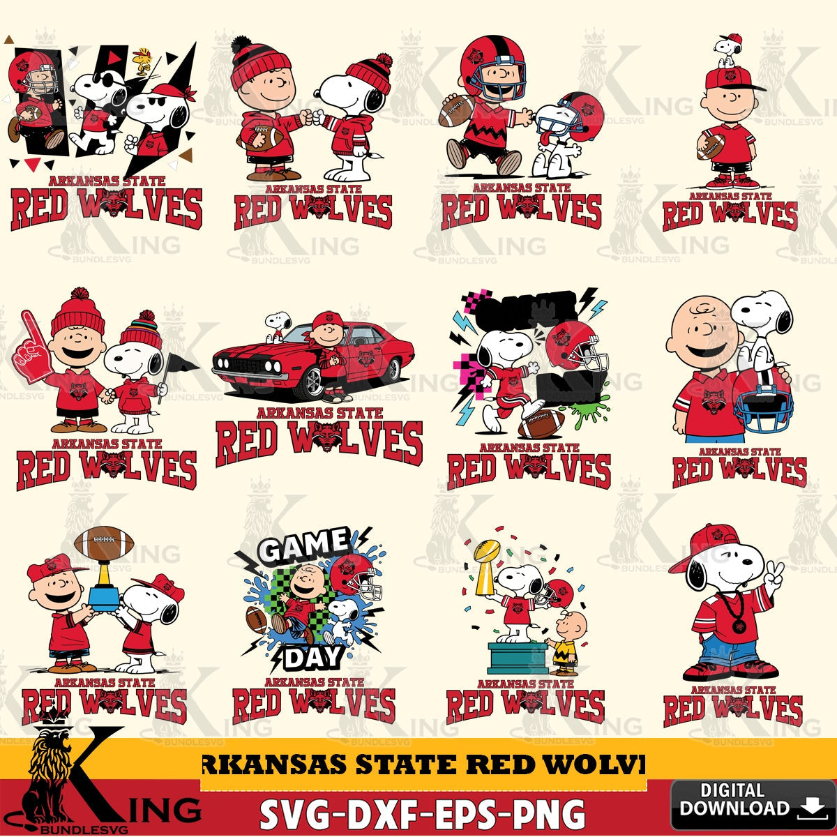 Arkansas State Red Wolves Peanuts Football NCAA Bundle SVG, Cricut, Cut file  , Digital Download , Instant Download, Peanuts svg, NCAA svg, Football svg, Sport svg