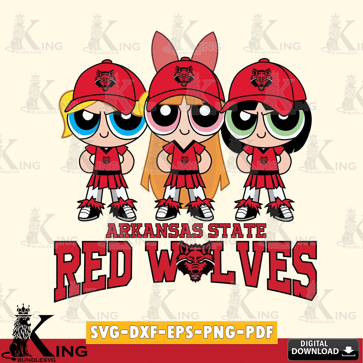Creative design featuring Arkansas State Red Wolves PowerPuff Girls Football, a digital file for silhouette cameo and cricut