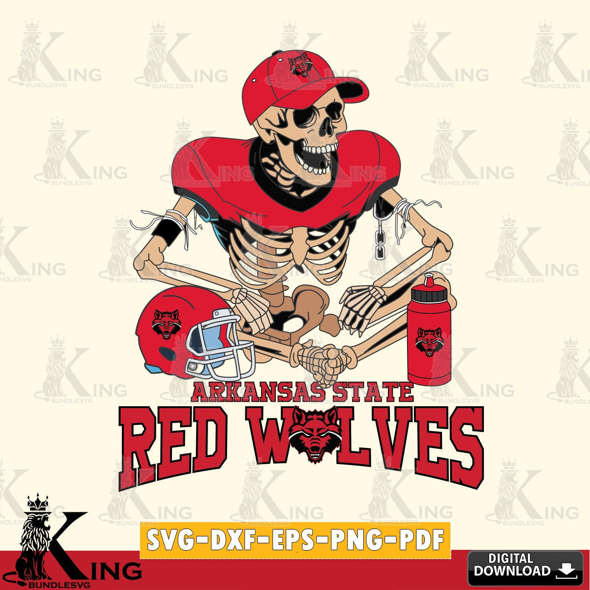 Artistic drawing of an Arkansas State Red Wolves skeleton football player, a high-quality vector for DIY scrapbooking and home