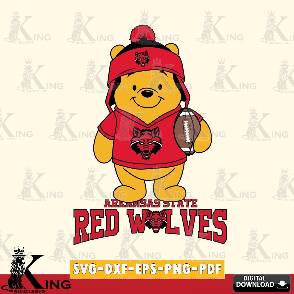 Hand-drawn style art of Arkansas State Red Wolves Winnie the Pooh player on football, a digital download for Cricut Maker and
