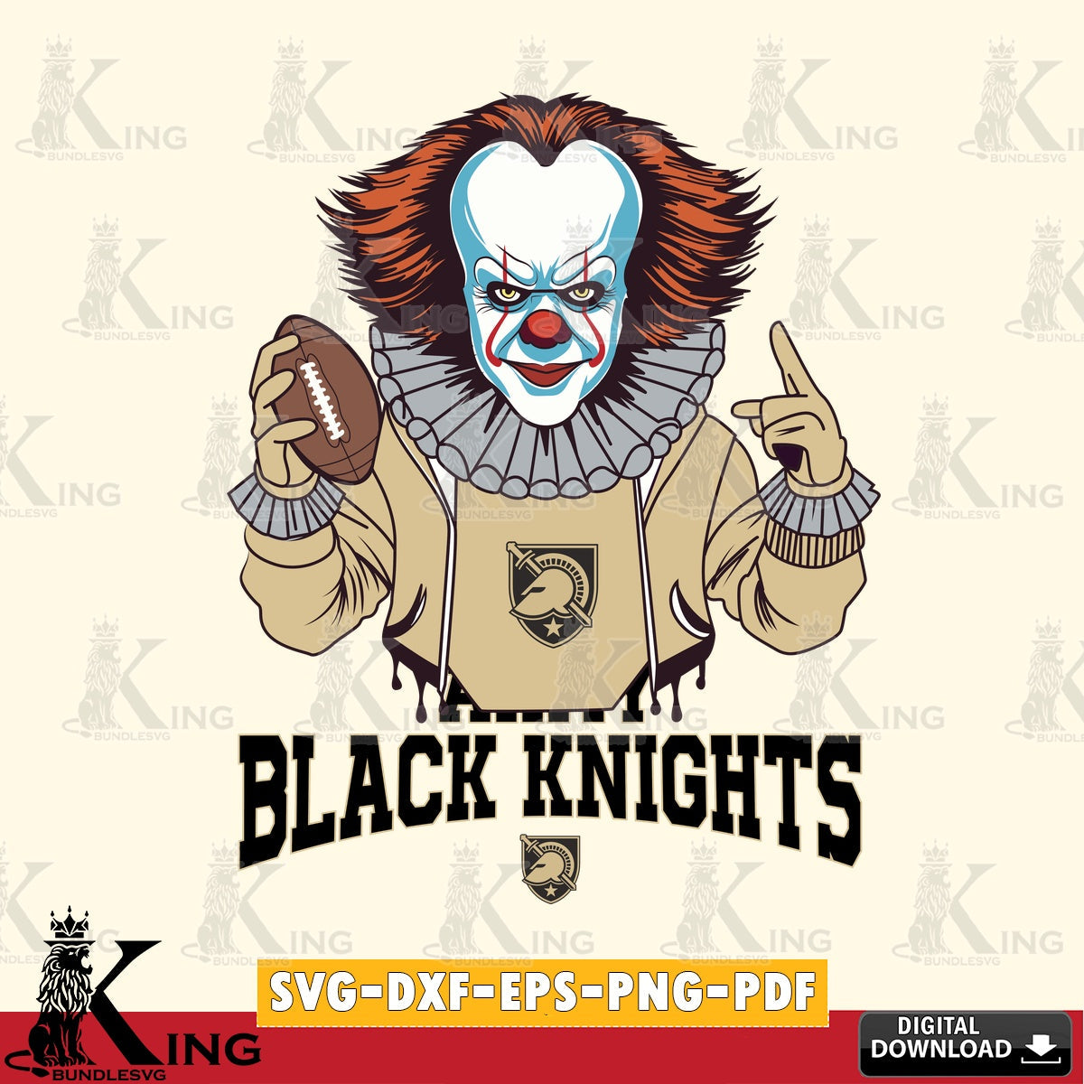 Digital download featuring Army Black Knights Pennywise player football, printable vector design for sublimation and crafts