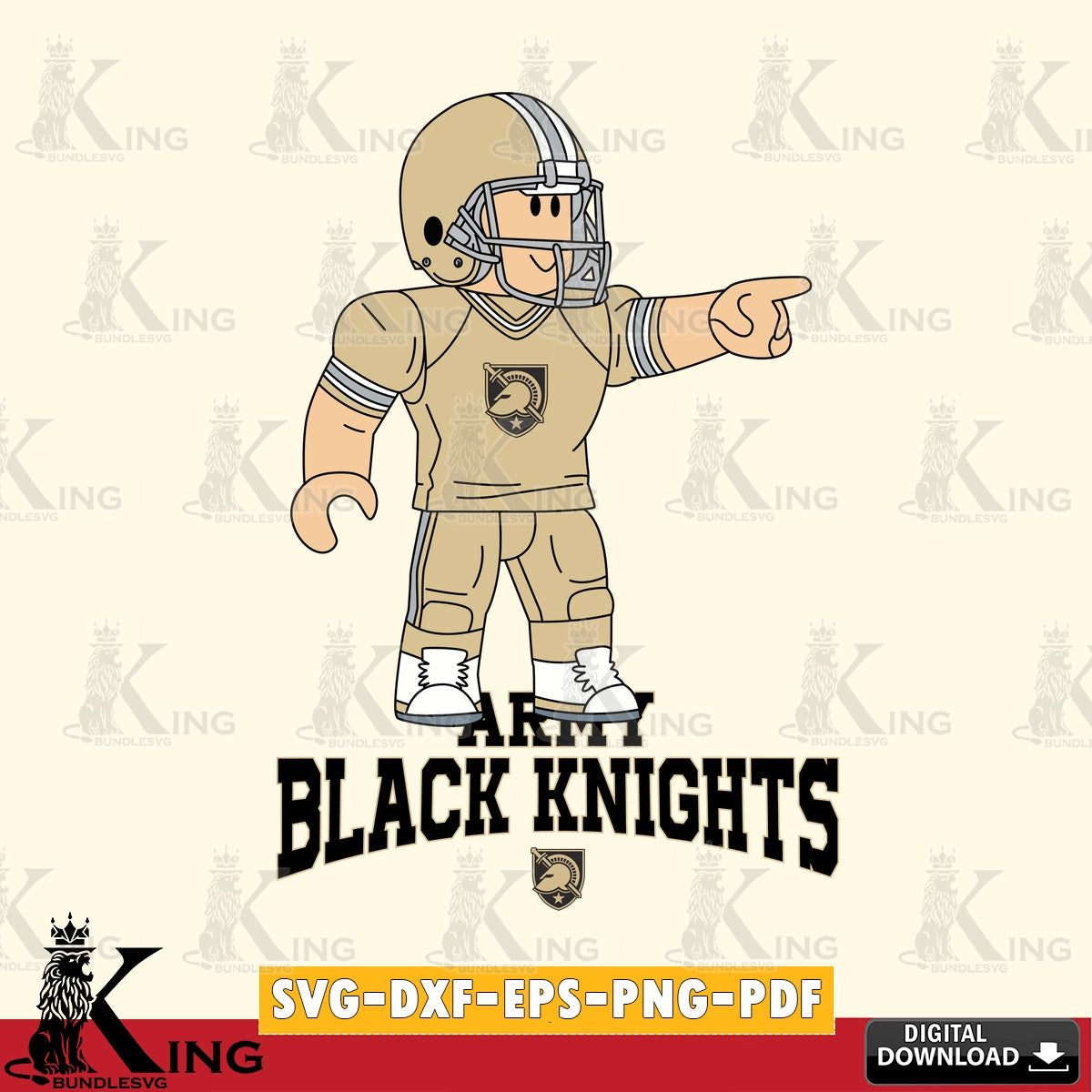 Hand-drawn style art of Army Black Knights Roblox player football, NCAA, vector art for engraving, cutting, and printing