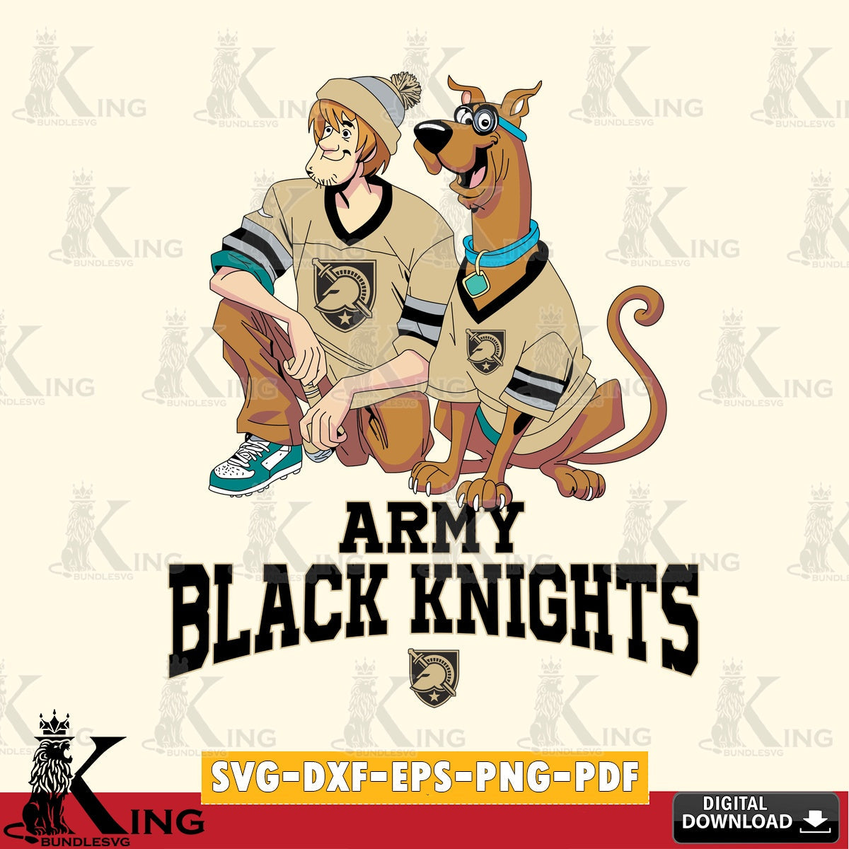 Detailed illustration of Army Black Knights Shaggy and Scooby Doo football, SVG cut file for personalized gifts and laser