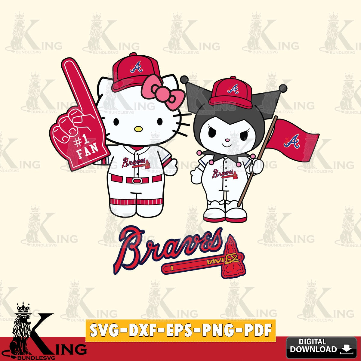 Jumbo collection of Atlanta Braves Hello Kitty Kuromi Fan Baseball, a digital download for Cricut Maker and paper crafts