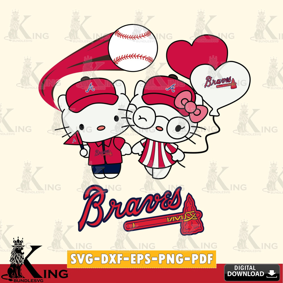 Giant set featuring Atlanta Braves Hello Kitty baseball couple, vector illustration for POD merchandise and apparel