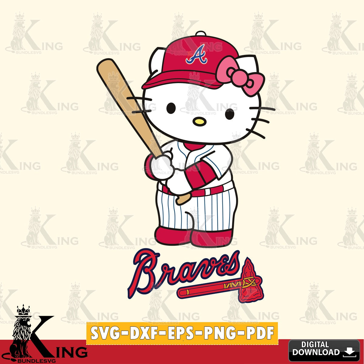 Complete bundle for Atlanta Braves Hello Kitty baseball batter, versatile clip art for stickers, decals, and mugs