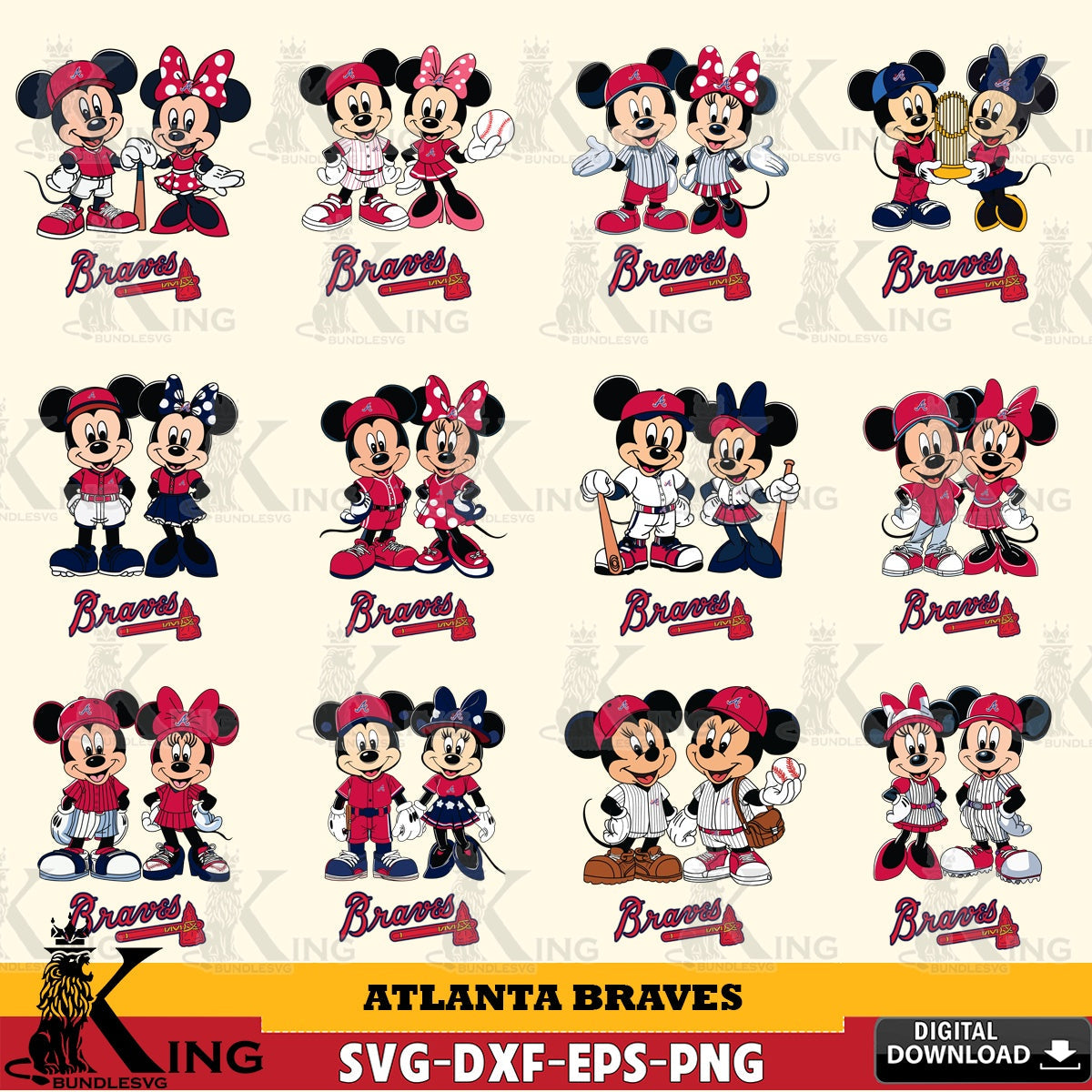 Atlanta Braves Mickey Minnie Baseball Player MLB Bundle SVG file , For Cricut,  File cut , Digital Download , PDF File, Cut Files