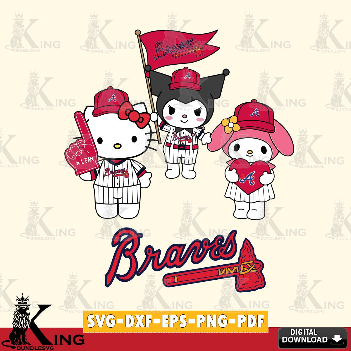 Vector design showing Atlanta Braves Sanrio Squad Cute, SVG PNG files perfect for Cricut and Silhouette cutting