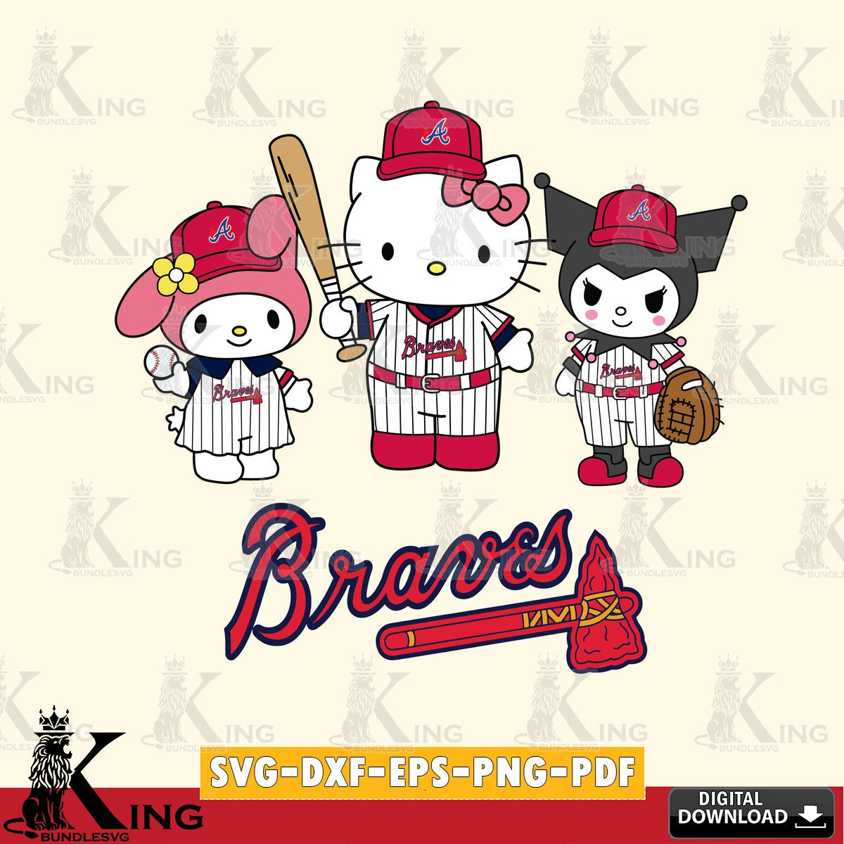 Variety pack of Atlanta Braves Squad kitty kuromi melody SVG PNG design suitable for Glowforge and laser cutting