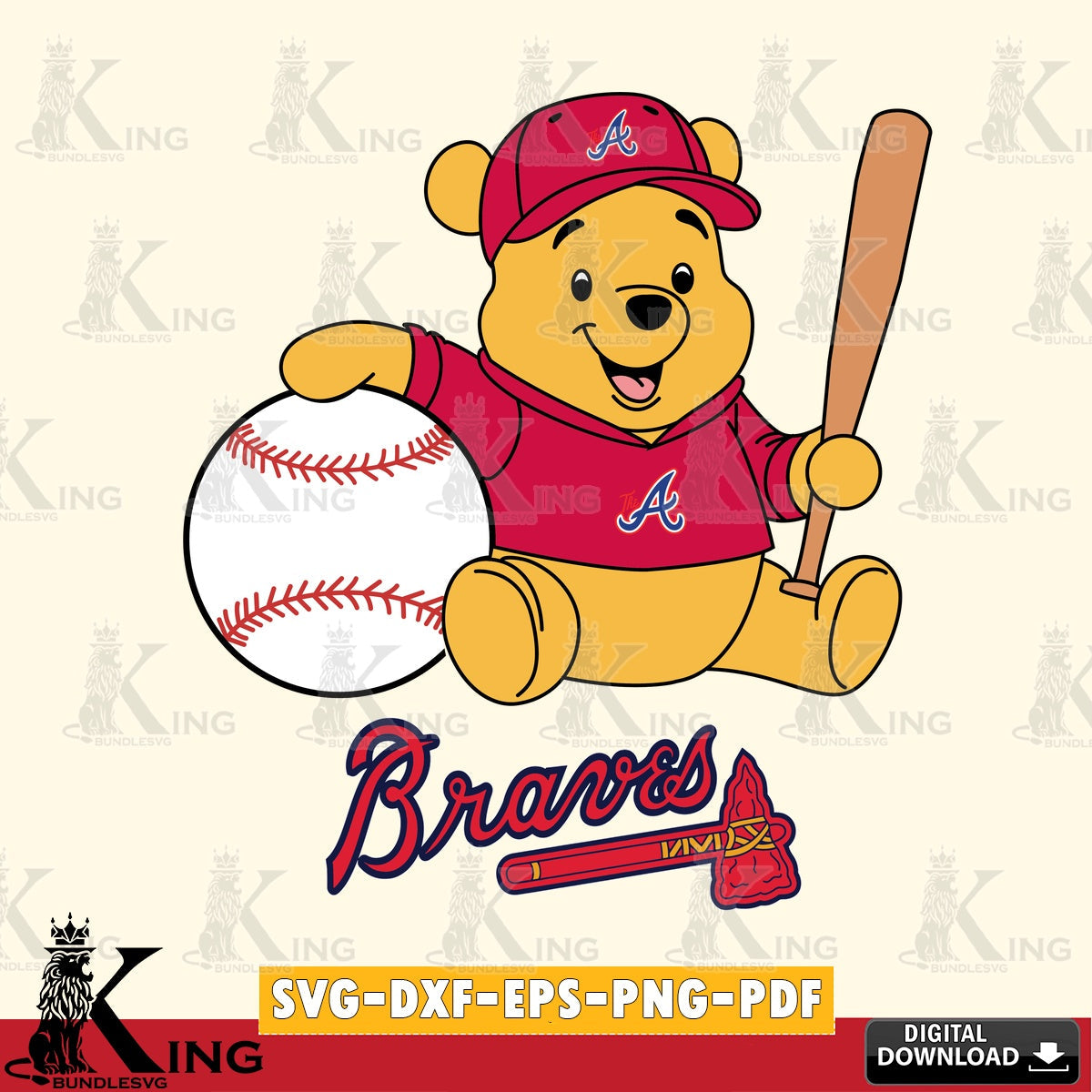 Beautiful illustration of Atlanta Braves Winnie the Pooh baseball star player vector illustration for POD merchandise and apparel