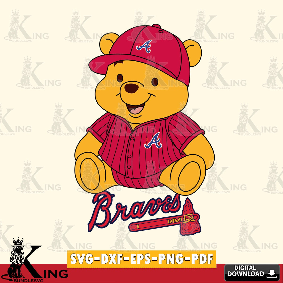 Detailed illustration of Atlanta Braves Winnie the Pooh in a cute baseball design, digital download for Cricut Maker and paper